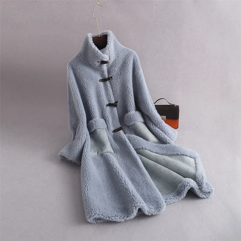 Light Blue Роскошная натуральная шерсть шуба с отложным воротником зимняя женская меховая Верхняя одежда Пальто LF9052 - Цвет: Light Blue