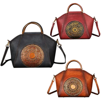 

Embossed Leather Crossbody Handbag Retro Handbag Totem Pattern Natural Leather Ladies Shoulder Bag