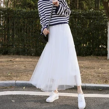 Весна, осень, зима, винтажные юбки, женские, эластичная, высокая талия, тюль, сетка, юбка, длинная, плиссированная, пачка, юбка для женщин, Jupe Longue