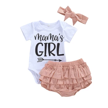 

Newborn Baby Girls Summer Casual Short Sleeve Collar Letter Romper Ruffle Short Pant Bow Headwear 3Pcs Set 0-18M