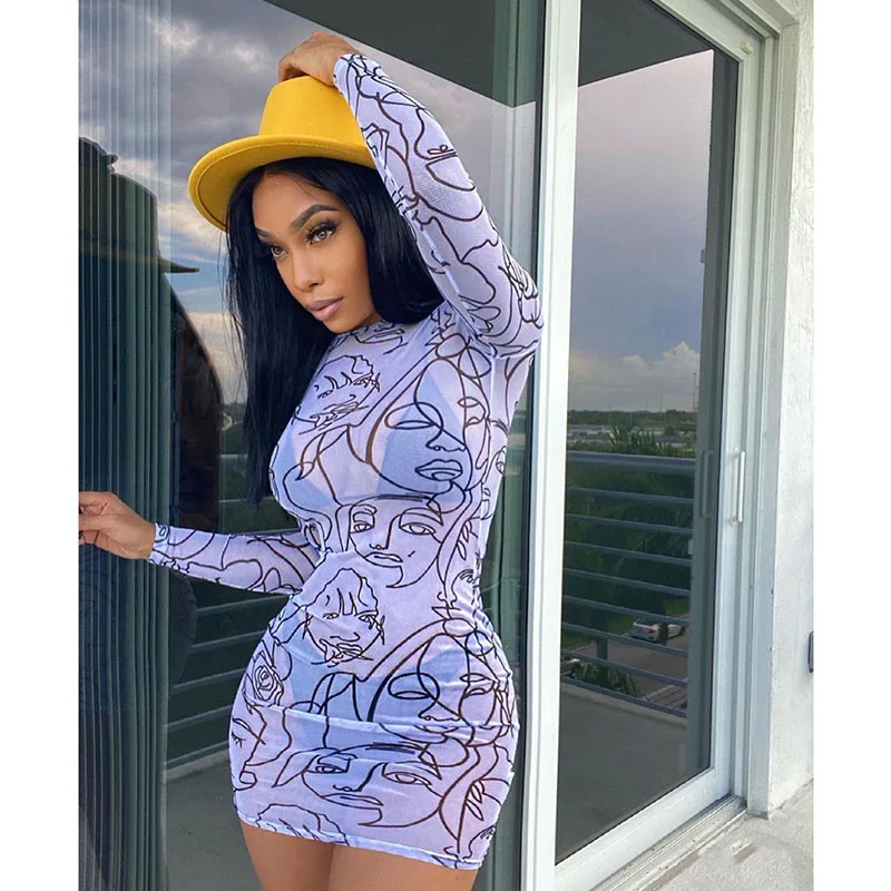 

Character Print Sheer Mesh Mini Dresses for Women 2021 Clubwear Long Sleeve Bodycon Dress Vacation Birthday Party Dress Vestido