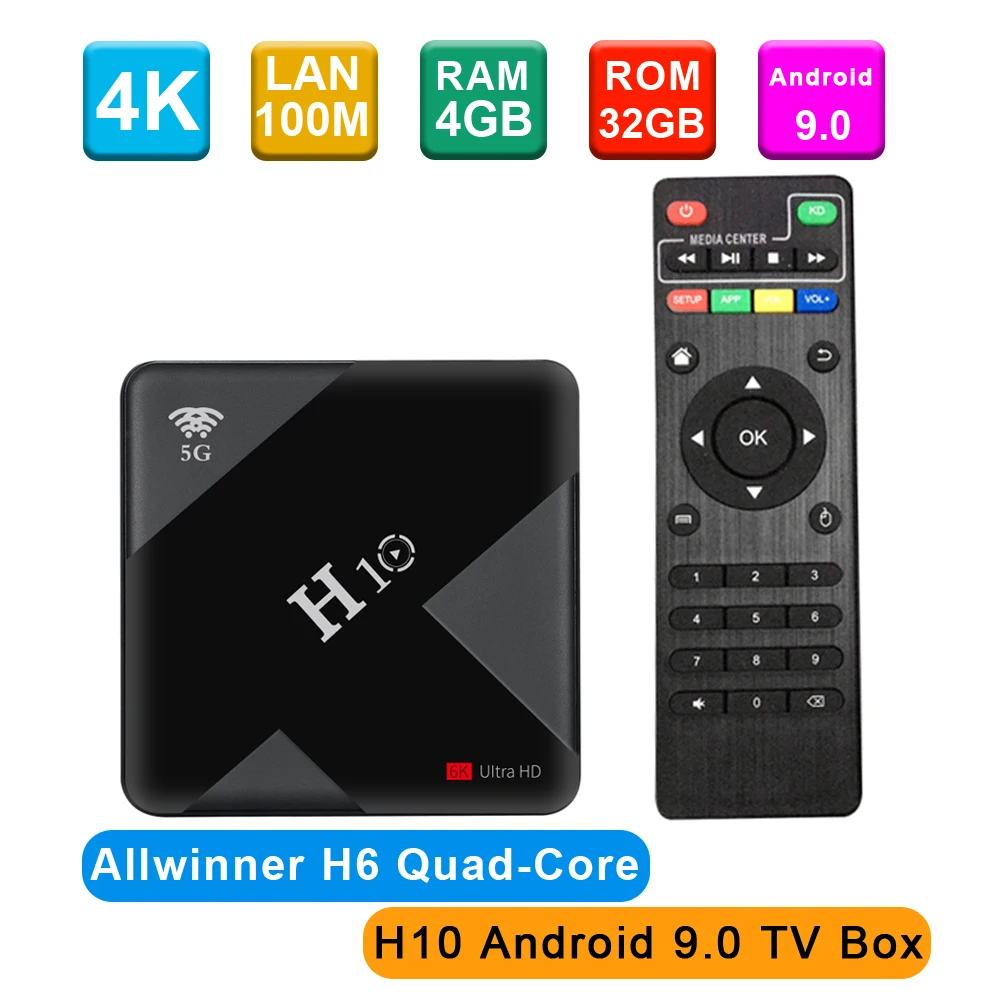 H10 Android 9,0 Smart tv Box 6K HDR H.265 VP9 Allwinner H6 четырехъядерный 64 бит 4 Гб DDR3 32 ГБ/64 Гб EMMC 2,4G/5G WiFi 4K медиаплеер