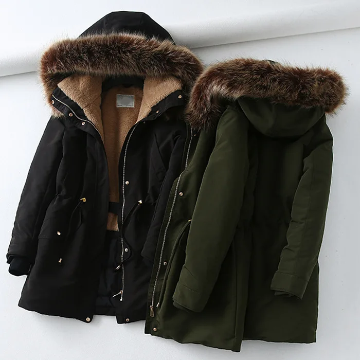 

Kp119 Winter New Products Loose Comfortable Brushed And Thick Warm Drawstring Waist Hugging Mid-length Hooded Cotton Overcoat