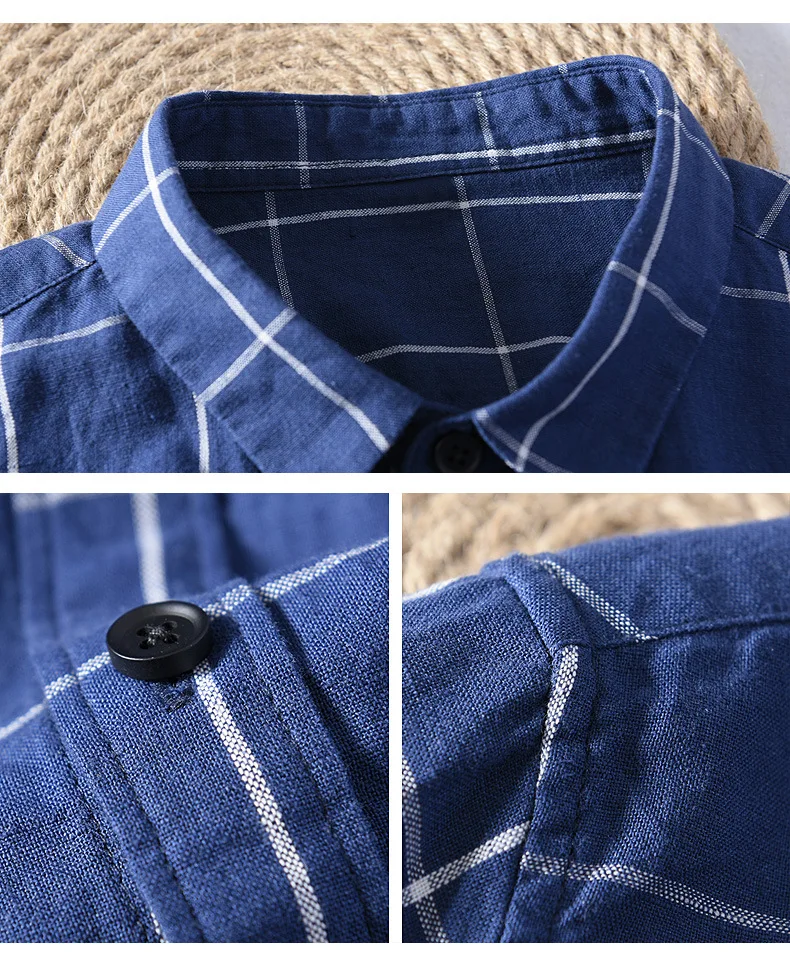 Cotton and linen plaid shirts men brand spring autumn long sleeve blue shirt mens casual fashion shirts male tops chemise camisa