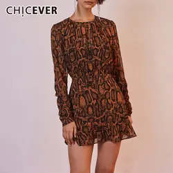 CHICEVER/женское платье с принтом, с круглым вырезом, с длинными рукавами, с высокой талией, винтажные Мини-платья, 2019, осенняя мода, новинка