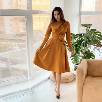 

Women Vintage Sashes A-line Party Dress Long Sleeve O neck Solid Elegant Casual Mid Dress 2020 Early Spring New Fashion Dress