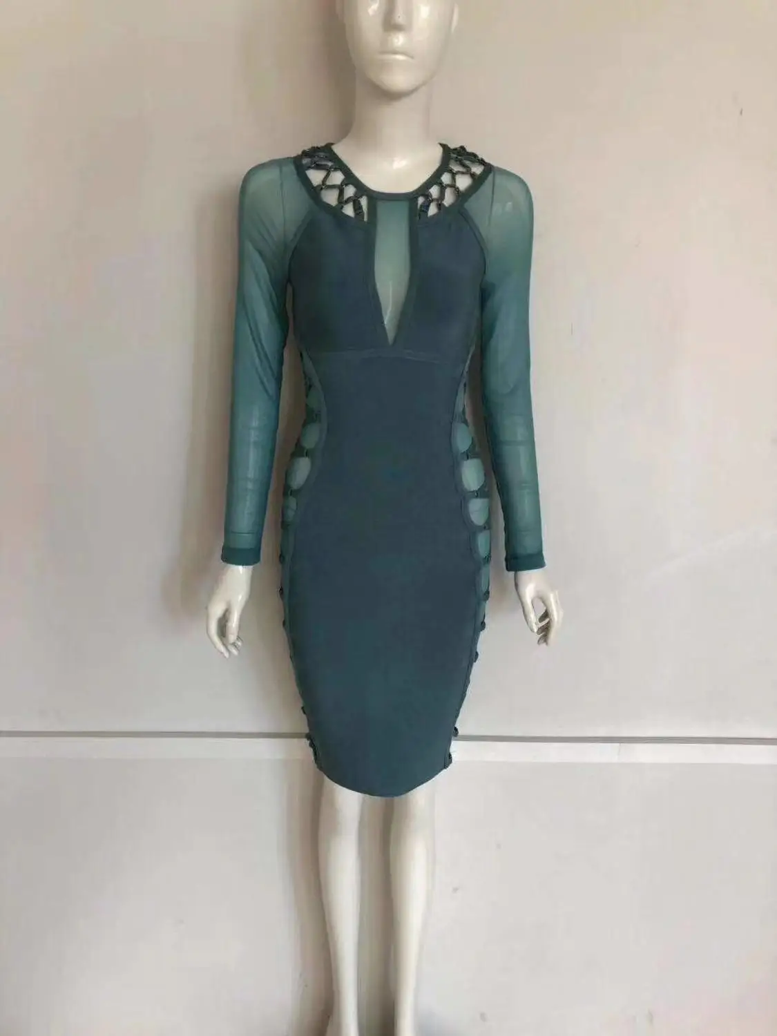 Lake Blue Лидер продаж, НОВЫЕ шикарные сексуальные сетчатые полосатые Украшенные Длинные рукава, голубые вечерние женские платья знаменитостей,, Бандажное платье - Цвет: Lake Blue