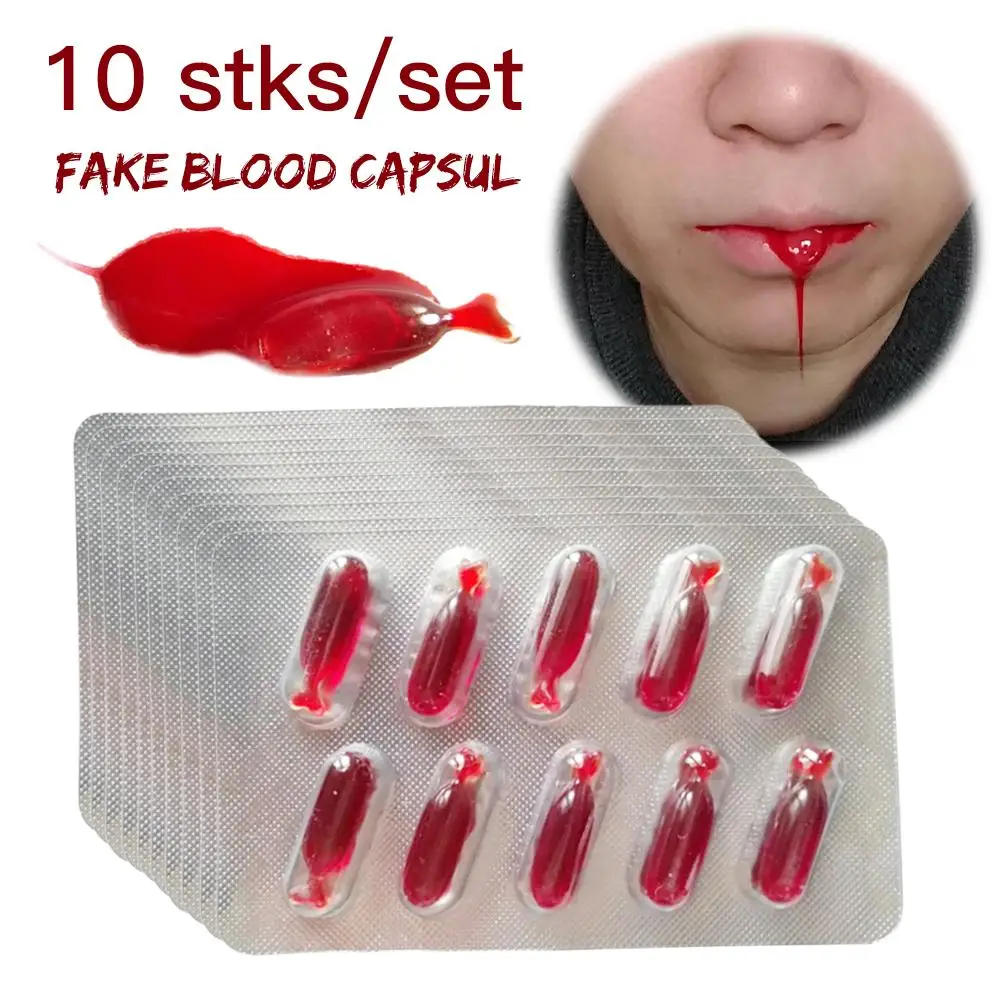 

10Pcs Fake Blood Pill Vampire Toy Capsules Horror Funny Toy Halloween Joke Prank Trick Toy Zombie Fancy Makeup