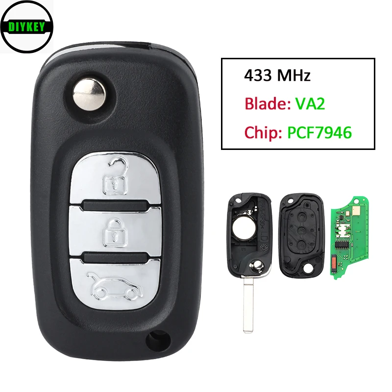 DIYKEY Flip Remote Key With 3 Buttons 433MHz PCF7946 Chip FOB for Renault Kangoo Clio Modus Trafic Master 2010-2015 VA2 Blade | Автомобили