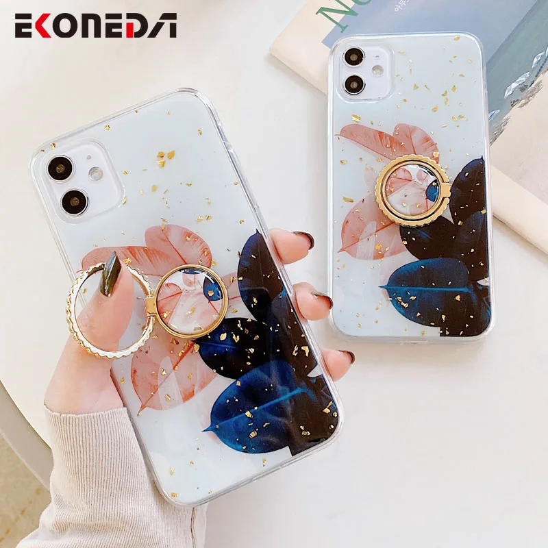 EKONEDA блестящий чехол с листьями для iPhone 11 7 8 6 6S Plus X XR Pro XS Max силиконовый кольцом