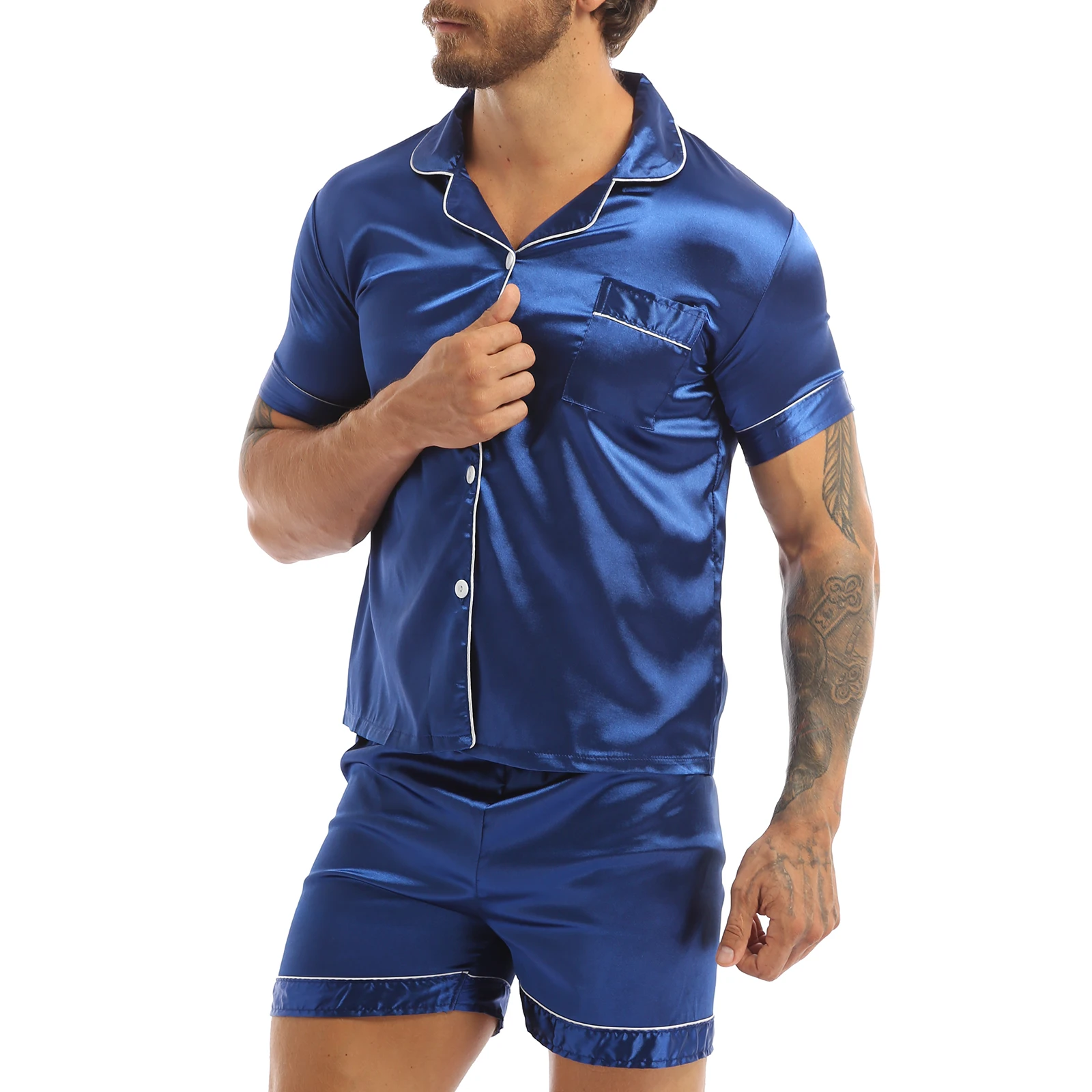 

Fashion Mens Silky Satin Pajamas Set Solid Color Short Sleeves Button T-Shirt Tops with Elastic Waistband Boxer Shorts Sleepwear