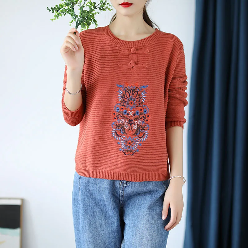 

QPFJQD 2019 Autumn Winter Embroidery Sweaters Women Retro Flower Embroidery Pullovers Loose O-Neck Sweater Female Spring Jumpers