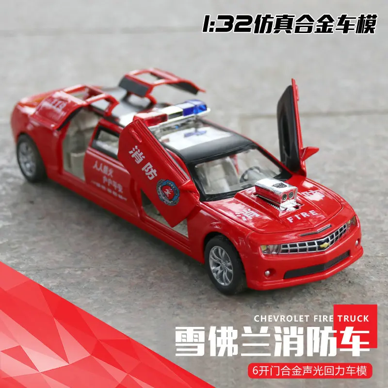 Diecast 1:32 Электронный Расширенный Chevrolet пожарно-спасательный автомобиль вытяните назад игрушки автомобили со звуком светильник подарок для детей
