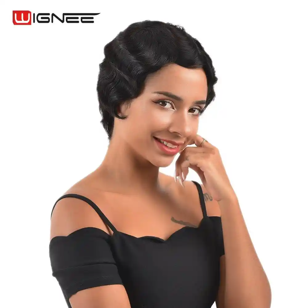 Wignee Finger Wave Short Human Hair Wig For Black White Women High