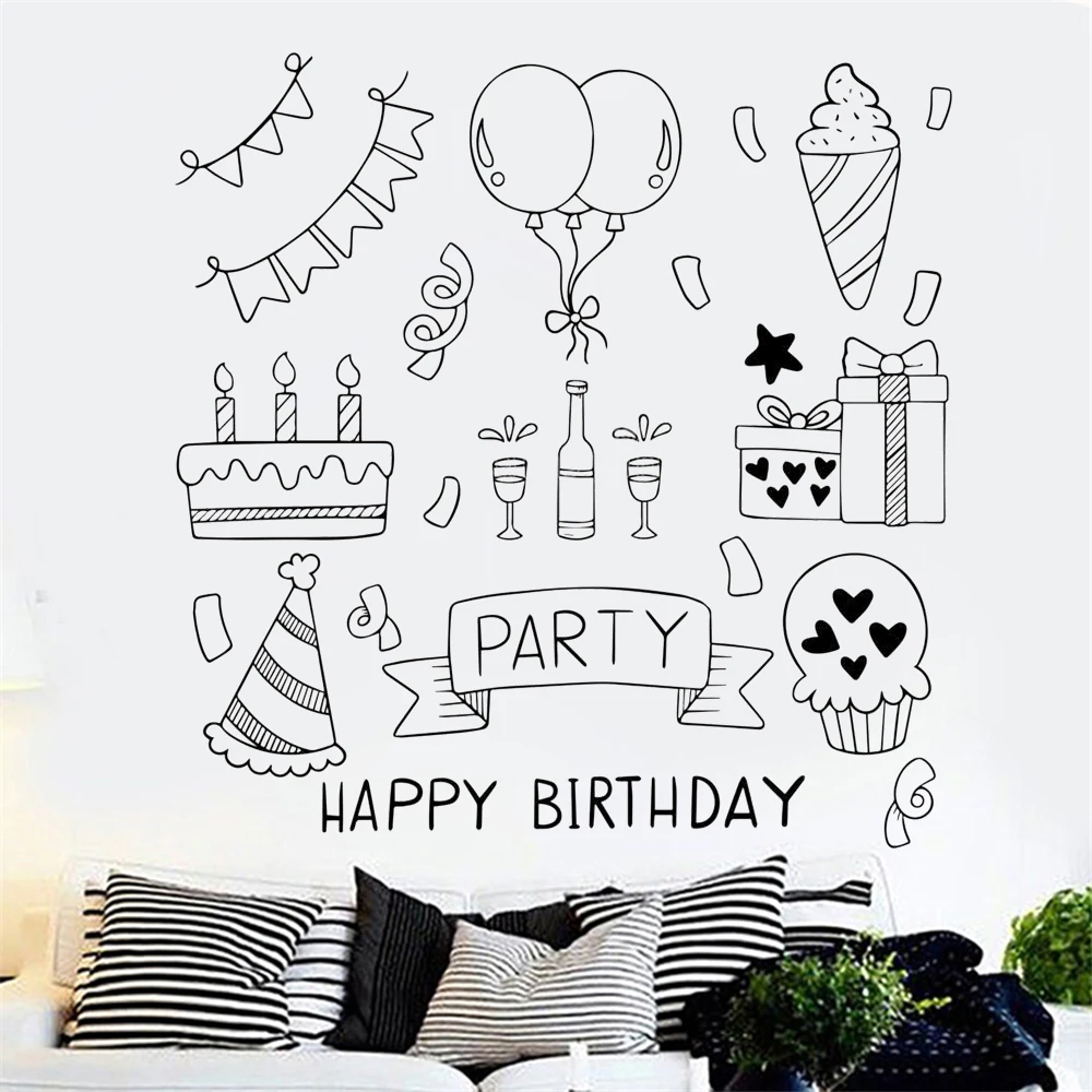 

Happy Birthday Wall Stickers Cake Balloon Murals For Kids Girl Room Decals Vinyl Party Bedroom Livingroom Decor Poster HJ0129