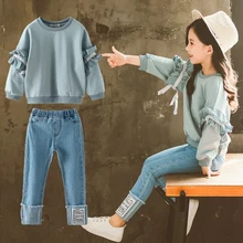Весенние комплекты одежды для девочек Однотонная рубашка с длинными рукавами+ джинсы осенний костюм принцессы Детский костюм