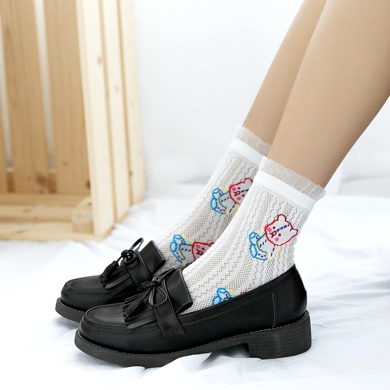 Lace-edged bear colorful women socks Summer ultra-thin mesh socks kawaii beautiful princess style