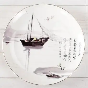 F Chinese landscape painting ceramic dish wall hanging for Home Wall Decor Painting Plates Display Ceramic Craft Round - Color: F