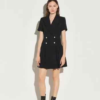 

Autumn New Style Sexy V-Neck Short Sleeve Button Pleated Temperament Woolen Mini Dress High Quality Women'S Clothing