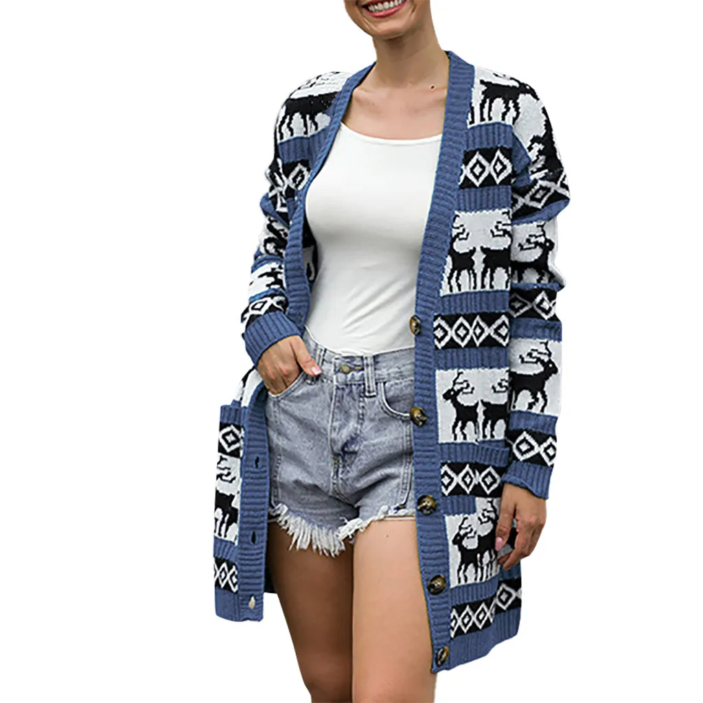 Blue Christmas Women Cardigan Sweater Winter Warm Casual Long Sleeve Ladies Outwear Overcoat Coats Tops Pull Femme Nouveaute#38 - Цвет: Blue