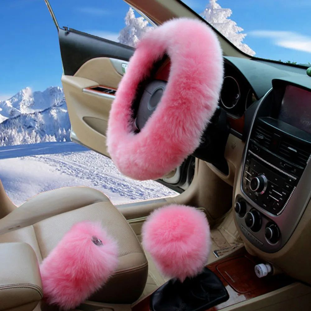 3Pcs/Set Winter Long Wool Car Steering Wheel Gear Knob Shifter Parking Brake Cover Warm Soft Plush Women Auto Accessories 6Color - Название цвета: Розовый
