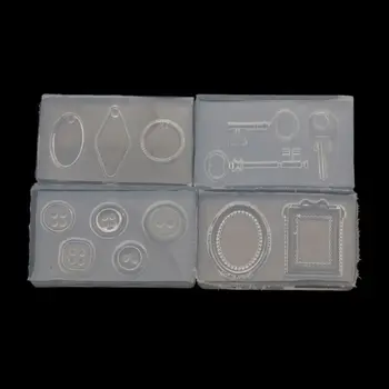 

4Pcs Handmade Key Pendant Gemstone Button Frame Geometric Shape UV Epoxy Resin Silicone Mold Kit Jewelry Making Tools