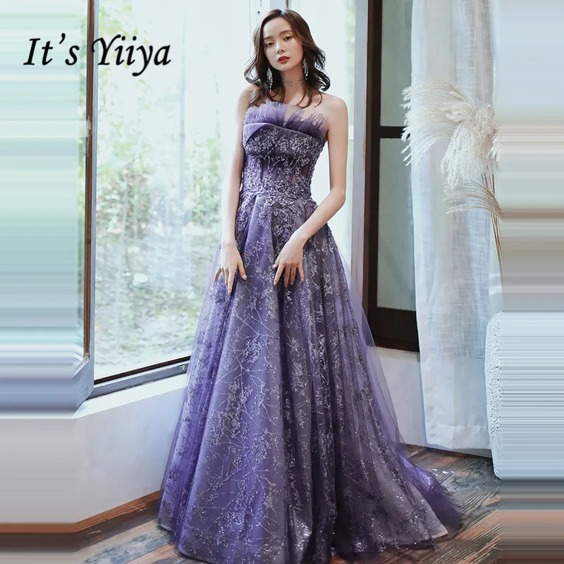 

It's Yiiya Evening Dresses Elegant Purple Crystal Shining Evening Dress For Women Plus Size Sleeveless Long robe de soiree LF011