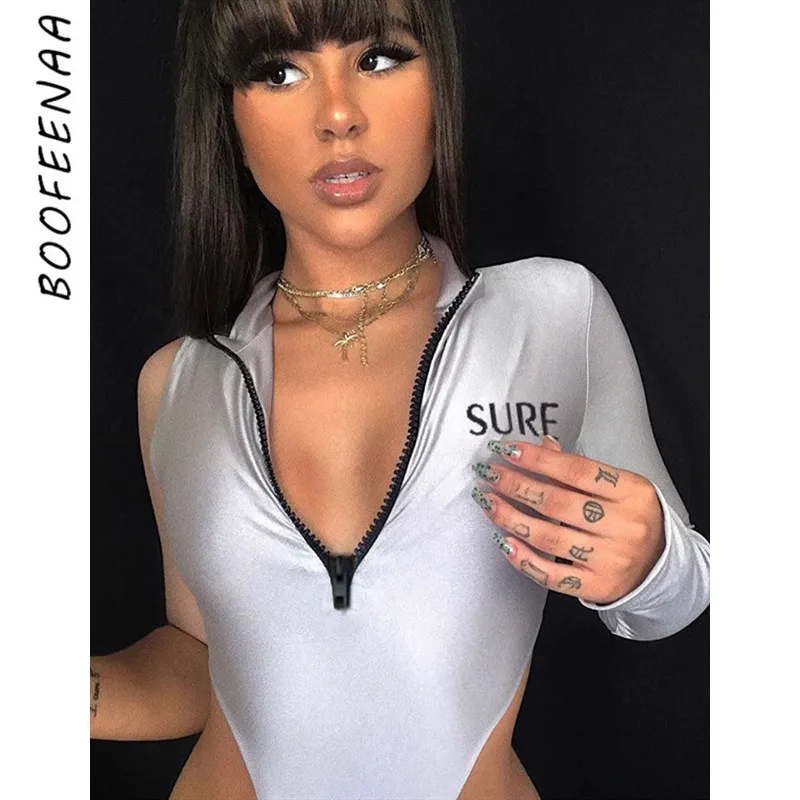 

BOOFEENAA Zip Irregular One Shoulder Long Sleeve Bodysuit Women Bodycon High Cut Letter Print Sexy Body Suits Street Wear C77I89