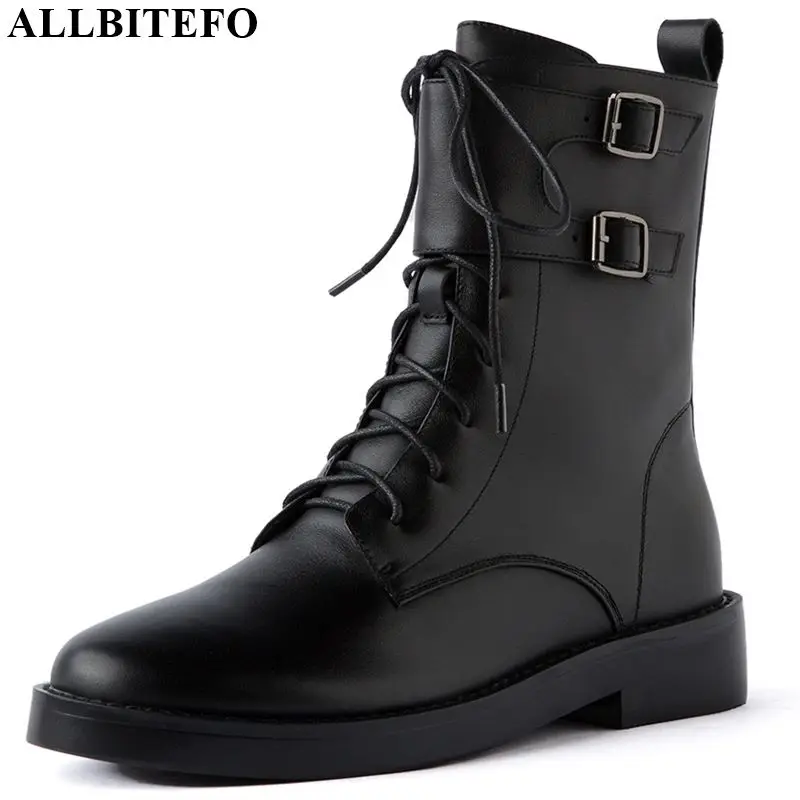 

ALLBITEFO real genuine leather Belt buckle women boots Frenulum ankle boots Autumn Winter fashion Martin boots comfortable