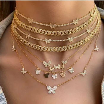 

HIYONG Popular Butterfly Necklace Gold Plated Butterfly with Clavicle Chain Necklace Zirconia Charms Link Chain Choker Jewelry
