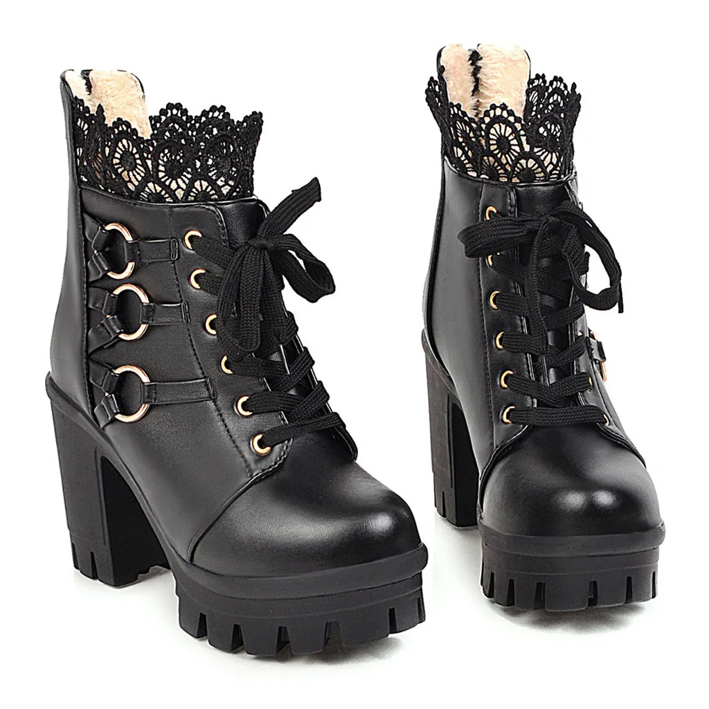 

New Buckle Winter Motorcycle Boots Women lace British Style Ankle Booties Gothic Punk Low Heel ankle shoes Women Shoe Plus Size
