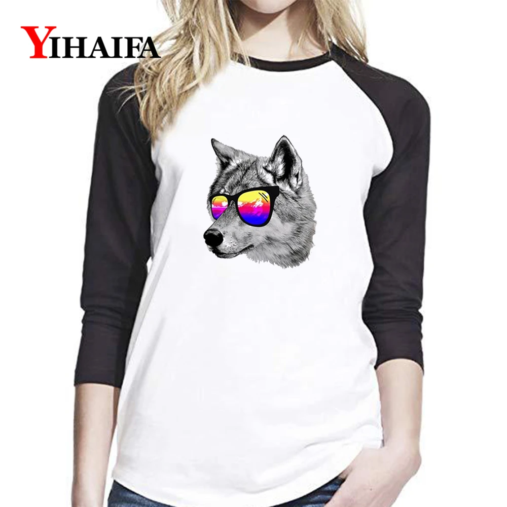 Женские футболки с длинным рукавом Harajuku Wolf топы принтом для спортзала белая