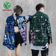 Дропшиппинг рубашка с длинными рукавами Пара плед Осень граффити письмо рубашка Мужская Женская высокая уличная хип хоп Топ Толстовка