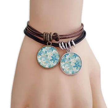 

Discover World Starfish Marine Organism Bracelet Double Leather Rope Wristband Couple Set