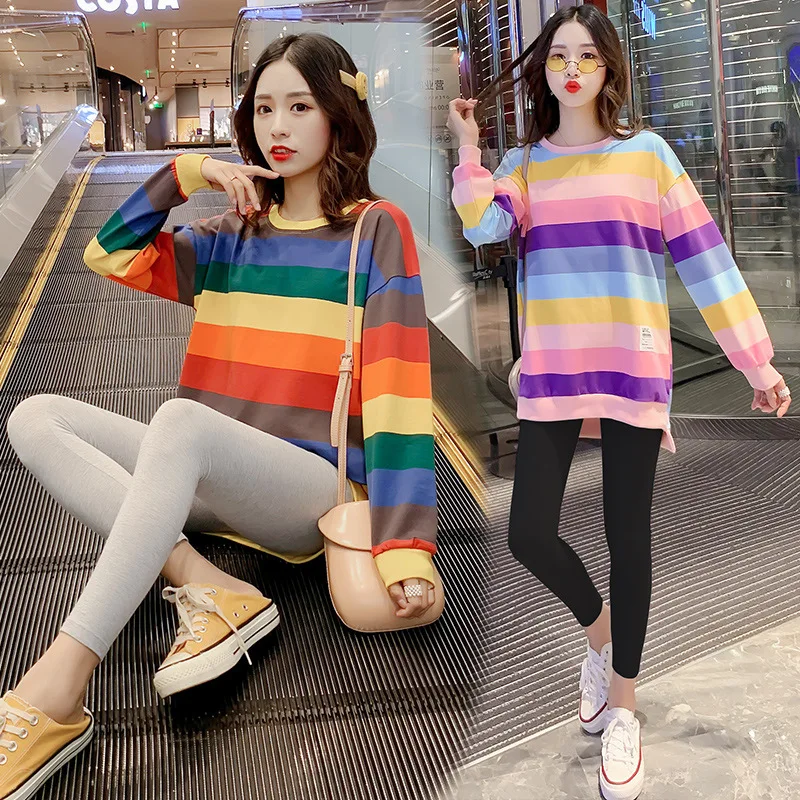 

Pregnant Women Sweater Mid-length Rainbow Stripes Knitted Jacket Autumn Fashion Autumn Clothing Loose And Plus-sized Dress Autum