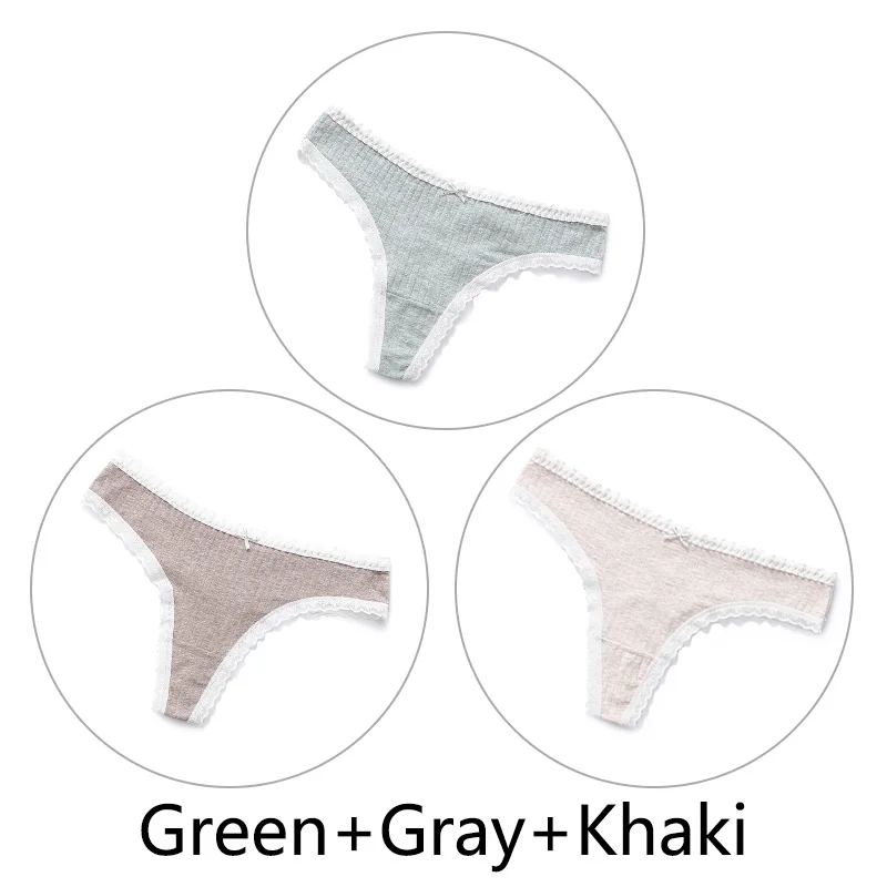 Green Gray Khaki 3 шт., сексуальные женские кружевные стринги, хлопок, бесшовные стринги, нижнее белье, мягкое женское нижнее белье, шелковое антибактериальное белье - Цвет: Green Gray Khaki