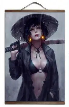

Samurai Female Fantasy Modern Art Print canvas Poster Canvas Scroll Painting with wood