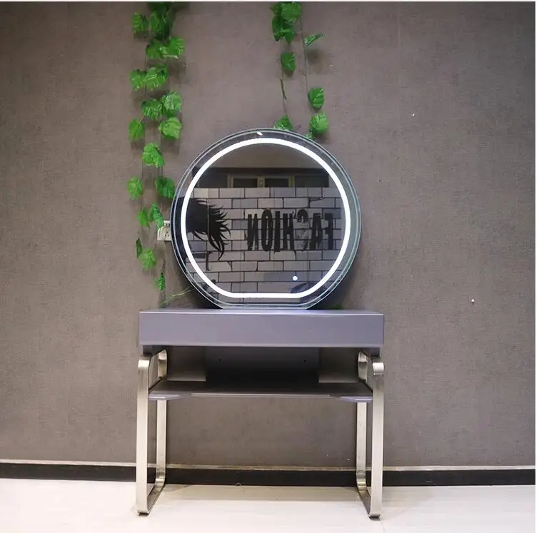 Barber shop mirror simple high-end hair salon with light hairdressing mirror stainless steel European table studio makeup