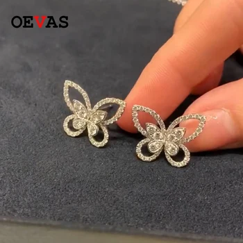 

OEVAS Fashion 925 Sterling Silver Butterfly Stud Earrings Top quality Sparking Full Zircon Earring for wonmen party jewelry Gift