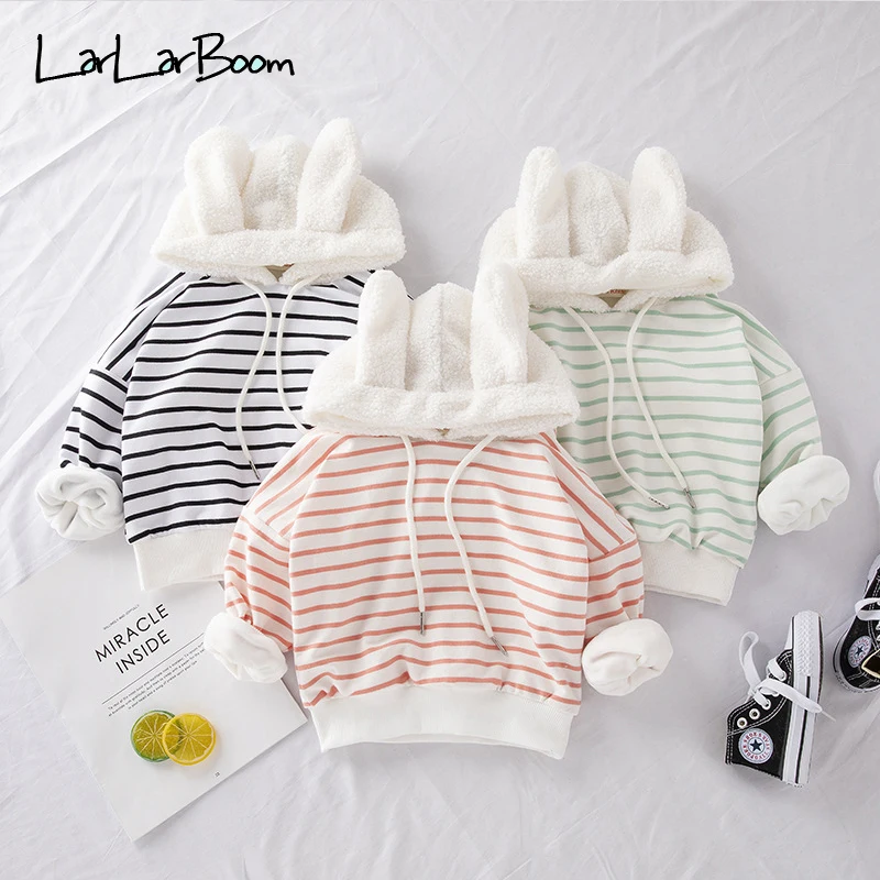 LarLarBoom, Детская футболка для малышей г. Новая Осенняя футболка в полоску с длинными рукавами из бархата унисекс, топы с капюшоном для малышей, От 2 до 8 лет