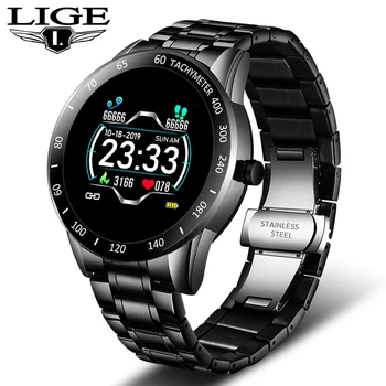 LIGE Steel Band Smart Watch Men Heart Rate Blood Pressure Monitor Sport Multifunction Mode Fitness Tracker Waterproof Smartwatch