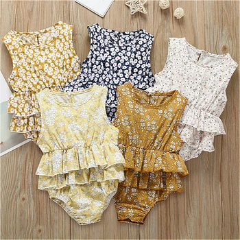 

2020 Summer Girls Romper Floral Sleeveless Bodysuit Newborn Baby Onesies Toddler Girl Pleated PP Triangle Sweet Playsuit