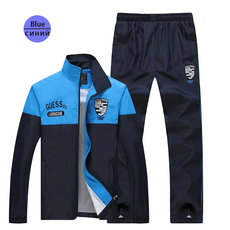 Brand Running Sets Mens Clothes Tracksuit Set Windproof Polyester Sportwear Jogger Jacket Keep warm Two Piece Track Pants - Цвет: Blue