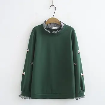 

2019 Fall Women Casual Long Sleeve Loose Sweatshirt Little Bee Embroidery Pullover Ruffles Patchwork Plus Size Hoodie