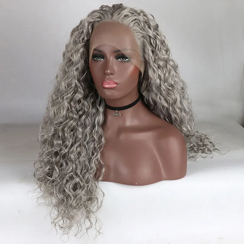 

Bombshell Silver Grey Loose Curly Synthetic Lace Front Wig Glueless Heat Resistant Fiber Natural Hairline Free Parting For Women