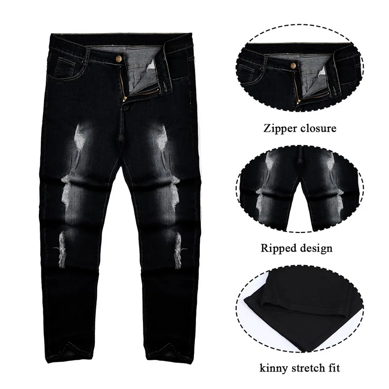 HEFLASHOR, модные мужские джинсы с дырками, джинсы для мотоцикла, байкеров, мужские рваные джинсы в стиле хип-хоп, облегающие джинсы полной длины