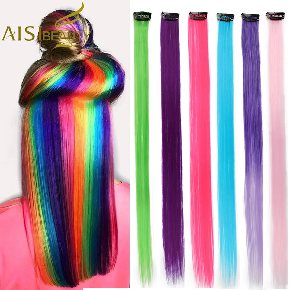 

AISI BEAUTY Single Clip In One Piece Hair Extensions Rainbow Colors Synthetic Long Straight Ombre Pink Grey Hairpieces for Women