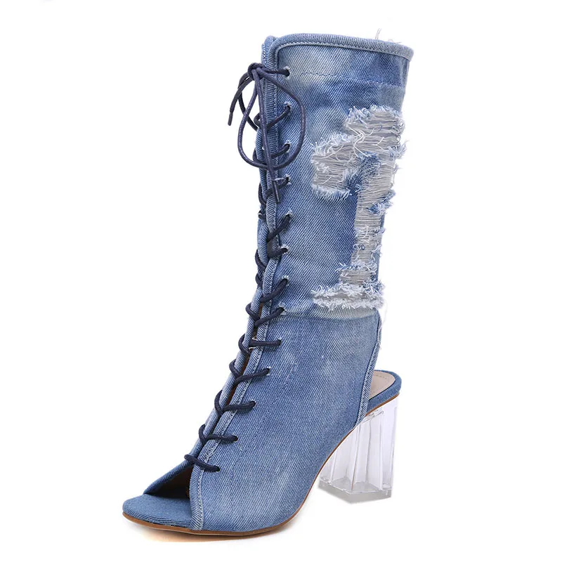 

2019 Spring Autumn Chunky Crystal Heels Fashion Women's Shoes Sexy Peep Toe Zipper Blue Jeans Denim Ladies Mid Calf Boots Botas