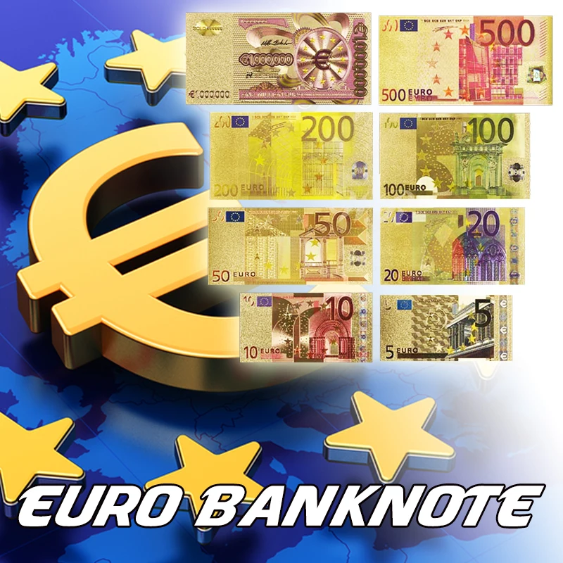 Set Di Banconote In Euro Placcate In Oro Color Metallo 8 Pezzi 5, 10, 20, 50, 100, 200, 500 Euro, Un Milione Di Banconote In Oro