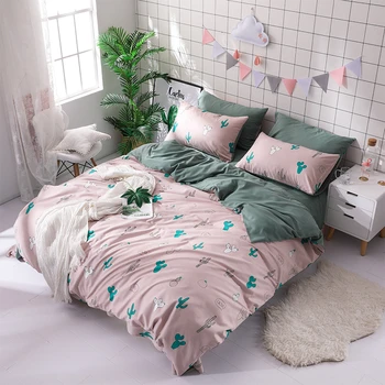 

4 Pcs/set Cactus Print Lovely Style Bedding Set Double Side Color Comfortable Cotton Duvet Cover Lace Sheet Pillowcase